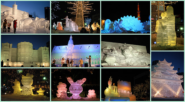 D'innombrables monuments de sculpture de neige et de glace illuminés par les lumières de toutes les couleurs