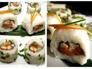 Recette Sushi Maki au crabe-graines germées-concombre (sans algue) 